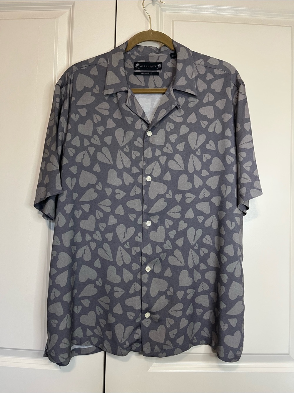 AllSaints Gray Heart Pattern Relaxed Fit Short Sleeve Shirt